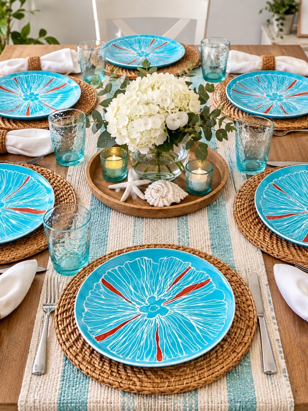Coastal Blue Floral Ceramic Dinner Plates - Set of 6